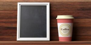 coffee cup orange with a lid and blank blackboard DCZTUSX